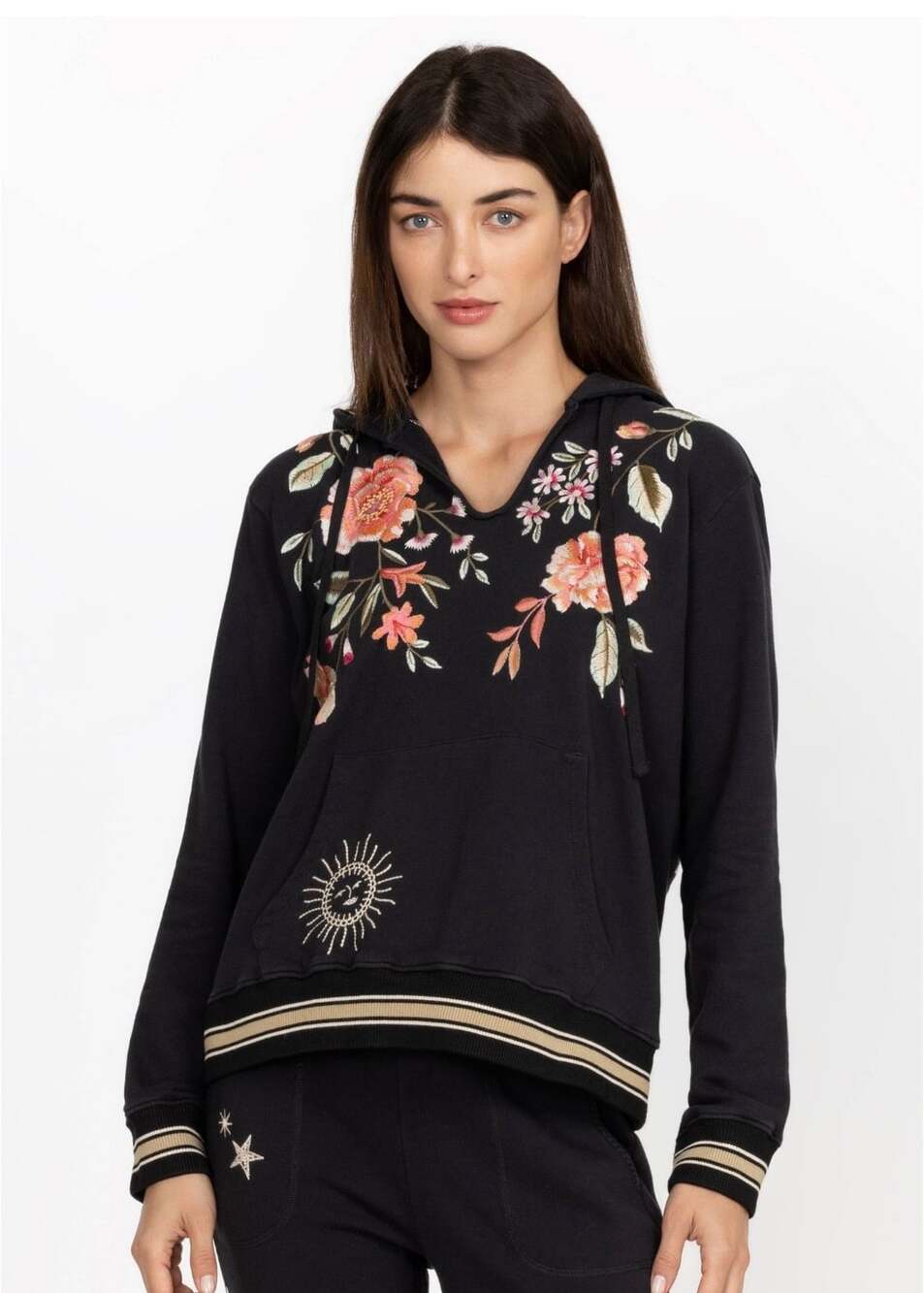 Johnny Was Vienna Pullover Sweatshirt Cotton Embroidery Hoodie Black Floral M